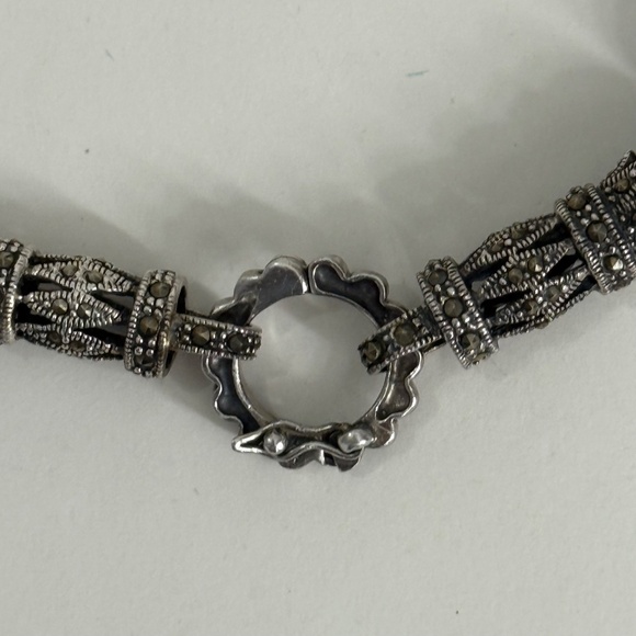 Vintage Black Onyx & Sterling Silver Marcasite Clasp Bail Necklace 8.5" Long - Picture 4 of 13